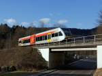 Hellertalbahn Stadler GTW 2/6 der Hellertal f�hrt am 04.02.2011 vom Haltepunkt Herdorf-K�nigsstollen weiter Richtung Betzdorf/Sieg.