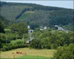 In der brütenden Hitze des 19.08.2012 durchfährt der IR 115 Liers - Luxembourg das idyllische Tal der Clerve zwischen Enscherange und Wilwerwiltz und wird in Kürze den Bahnhof von Wilwerwitz ereichen. (Jeanny)
