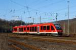 rb-95-sieg-dill-bahn Dieseltriebwagen 648 701 / 201 (Alstom Coradia LINT 41) der DreiL�nderBahn als RB 95 (Dillenburg-Siegen-Au/Sieg), hat am 04.02.2012 den Bahnhof Betzdorf/Sieg verlassen und f�hrt weiter in Richtung Au/Sieg.