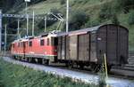 ge-4-4-ii-rhb/828460/rhb-ge-44-ii-nr616-und RhB Ge 4/4 II Nr.616 und eine weitere mit nur 1 Güterwagen in Bergün im August 1990.