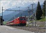FO Furka-Oberalp-Bahn/736092/die-mgb-hge-44-ii-101 Die MGB HGe 4/4 II 101 verlässt mit ihrem Regionalzug nach Disentis den Bahnhof von Sedrun. 

16. Sept. 2021