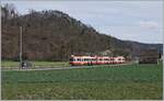 Ein Waldenburgerbahn Zug bestehend aus zwei Bt und einem BDe 4/4 auf der Fahrt von Waldenburg nach Liestal bei Lampenberg-Ramlinsburg. Zur Zeit wird die 75 cm Spur Strecke auf Meterspur umgebaut. 25. März 2021