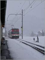 Der ex CEV Be 2/6 7004  Montreux, nun als Be 125 013 bei der Zentralbahn verlässt bei starkem Schneefall Innertkirchen mit dem Ziel Meiringen. 

16. März 2021