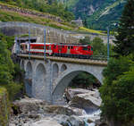 Die MGB Deh 4/4 – 55 „Brig“ schiebt am 01.08.2019 den Schllenenbahnzug von Gschenen  nach Andermatt nach hinauf und berquert hier gerade die Reuss. 

Die Strecke Gschenen–Andermatt ist die Schllenenbahn, eine einspurige Zahnradbahn (Zahnstangensystem Abt) im Schweizer Kanton Uri. Sie durchquert die Schllenenschlucht der Reuss und weist eine Maximalsteigung von 179 Promille auf, die steilste im MGB-Netz. Die Bahnstrecke wurde zwischen 1913 und 1917 durch die Schllenenbahn AG (SchB) gebaut. Die Schllenenbahn AG fusionierte 1961 mit der Furka-Oberalp-Bahn (FO), welche wiederum  zum 1. Januar 2003 mit der Zermatt-Bahn (BVZ), zur heutigen Matterhorn-Gotthard-Bahn (MG) fusionierte. 

Heute befrdert die Schllenenbahn im Jahr ca. 400.000 Reisende. Sie hatte in der Vergangenheit auch eine groe militrische Bedeutung. Sie versorgte die Festungsanlagen des Rduit im Gotthardmassiv. Die Bahnstrecke hat eine Gesamtlnge von 3.770 Metern, davon sind 2.509 mit Zahnstange ausgerstet. 1.022 Meter der Strecke befinden sich in Tunneln und 1.110 Meter in Galerien. Die Bahn fhrt durch fnf Tunnel und fnf schtzende Galerien. Vier Mal fhrt die meterspurige Schmalspurbahn ber eine Brcke.

Auf der Schllenenbahn wurden ursprnglich vier zweiachsige Elektrolokomotiven fr kombinierten Adhsions- und Zahnradbetrieb von SLM und BBC mit Bezeichnung SchB HGe 2/2 eingesetzt. Ursprnglich liefen sie mit 1.200 Volt Gleichstrom. 1941 wurden sie auf 11.000 Volt Wechselstrom umgestellt. Die letzte dieser vier Lokomotiven wurde 1985 Spter kamen kamen FO BCFhe 2/4 der Schweizerischen Lokomotiv- und Maschinenfabrik mit einem Antrieb der BBC zum Einsatz. ausrangiert. Heute (2019) befahren Deh 4/4 und Wagen der Matterhorn-Gotthard-Bahn die Strecke. Dabei befindet sich das Triebfahrzeug stets am talseitigen Ende, am Zugschluss luft ein Steuerwagen.

Die Schllenenbahn bietet einen stndlichen Pendelverkehr an und ist in den Fahrplan der SBB und der Matterhorn-Gotthard-Bahn vollstndig integriert.