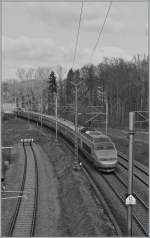 TGV Lyria TGV Lyria von Lausanne nach Paris bei Vufflens la Ville am 20. Feb. 2012