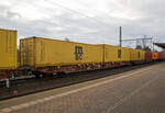4-achsiger Drehgestell-Containertragwagen 33 54 4576 855-9 CZ-MT, der Gattung Sggnss 80ft (Sggnss-XL), der METRANS Rail s.r.o. (Prag / Praha), am 07.12.2022 im Zugverband, beladen mit zwei 40ft-Containern bei einer Zugdurchfahrt in Dresden-Strehlen.

Mit dem Containertragwagen der Bauart Sggnss 80´ ist es erstmals möglich Container mit einer Gesamtlänge von 80 Fuß auf einem vierachsigen Drehgestellwagen zu transportieren. Der Wagen hat eine Länge von 25.940 mm und wird von Tatravagonka und Greenbrier Europe gefertigt. Aktuell werden die Sggnss 80´ u.a. bei Metrans, VTG, Boxxpress, RailCargoAustria, SETG, GATX und der StlB eingesetzt.

Die METRANS ist ein 100 %-iges Tochterunternehmen der Hamburger Hafen und Logistik AG (HHLA). Sie ist Marktführer für Containertransporte im Seehafenhinterlandverkehr mit Mittel-, Ost- und Südosteuropa. Eigene Inland-Terminals, spezielle Loks  und umweltfreundliche Containertragwagen ermöglichen flexible, qualitativ hochwertige Angebote.

TECHNISCHE DATEN:
Spurweite: 1 435 mm
Anzahl der Achsen: 4 in zwei Drehgestellen
Länge über Puffer: 25.940 mm
Drehzapfenabstand: 19.300 mm
Achsabstand im Drehgestell: 1.800mm
Laufraddurchmesser: 920 mm (neu)
Drehgestelltyp:  Y25Ls1-K
Ladelänge : 24 700 mm  (z.B. 2 x 40’ ISO Container)
Höhe der Ladeebene über SOK: 1.155 mm
Höchstgeschwindigkeit: 100 km/h (Lastgrenze SS und leer 120 km/h)
Max. Zuladung bei Lastgrenze S: 68,5 t (ab Streckenklasse D)
Max. Zuladung bei Lastgrenze SS: 58,5 t (ab Streckenklasse C)
Eigengewicht: 21.500 kg
Kleinster bef. Gleisbogenradius: R 75 m
Bauart der Bremse: KE-GP-A (K)
Bremssohle: Jurid 816M
Intern. Verwendungsfähigkeit: TEN-GE
