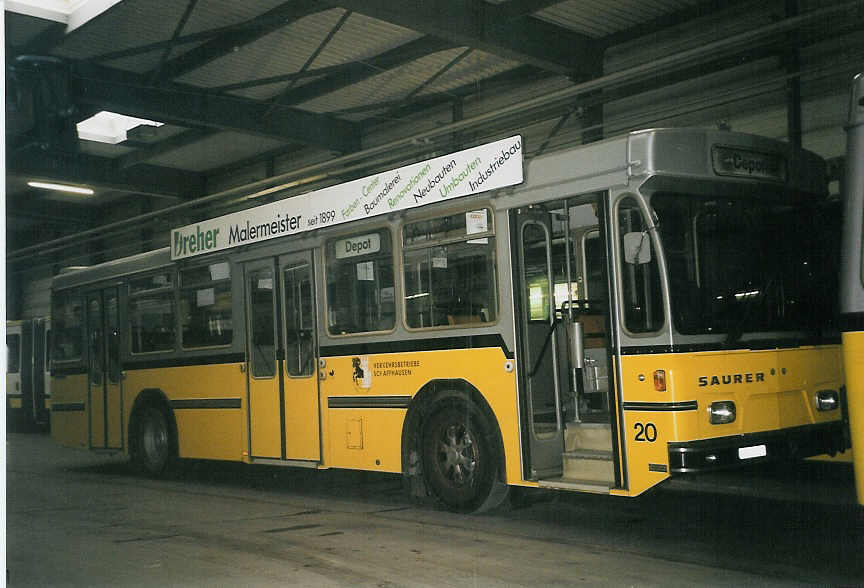 (058'821) - VBSH Schaffhausen - Nr. 20/SH 38'020 - Saurer/Hess am 20. Februar 2003 in Schaffhausen, Busdepot