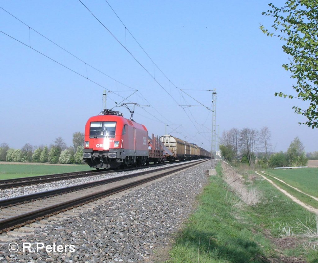 1116 030-6 mit einen gemischten G�terzug bei Moosham nach Passau. 21.04.11