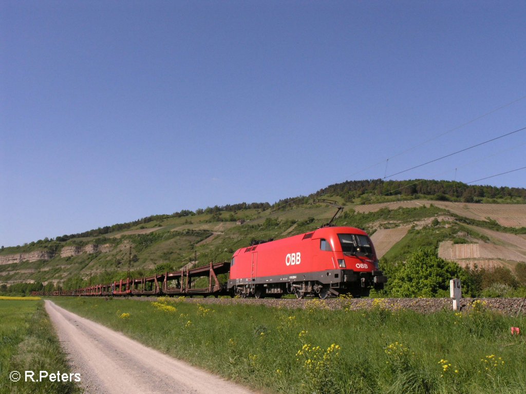 1116 228-6 zieht ein leeren Autozug durchs Maintal bei Th�ngersheim. 10.05.08