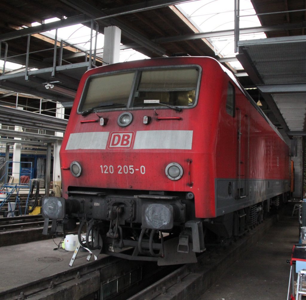 120 205-0 wurde fr die Besucher in den Ring-Lokschuppen gefahren im BW Rostock Hbf.29.07.2012