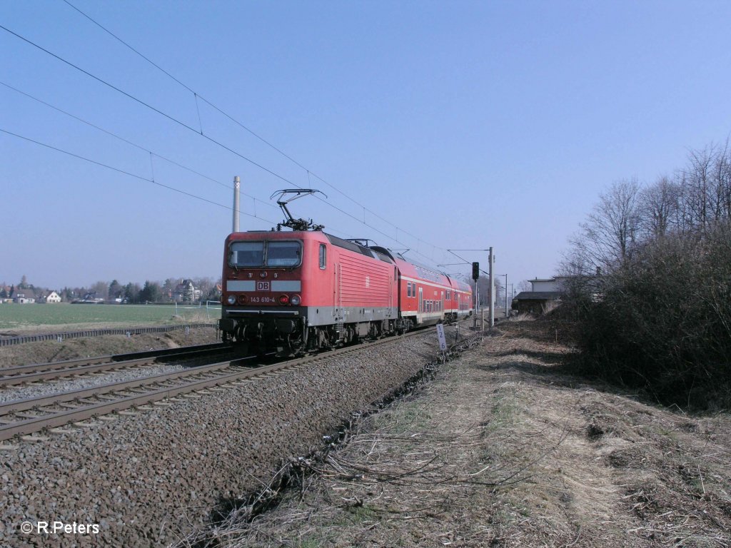 143 610-4 schiebt die RB 26412 Wei�enfels - Leipzig HBF bei Miltitz. 29.03.11