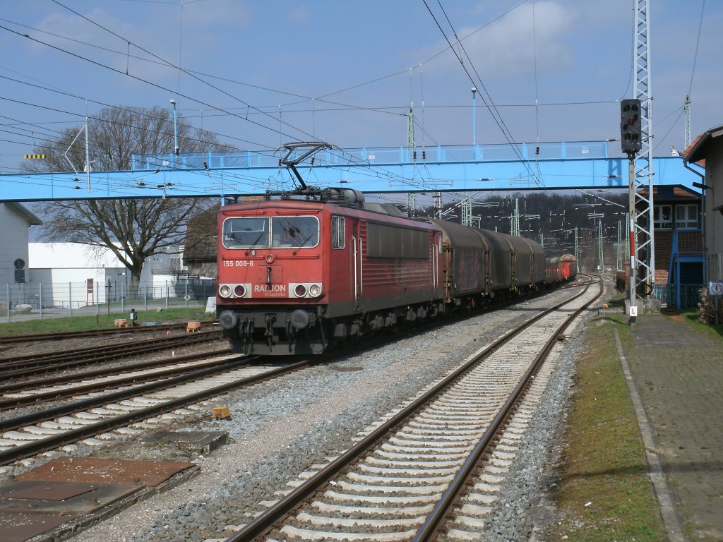 155 008-6 kam,am 19.April 2013 von Mukran durch Bergen/R�gen.