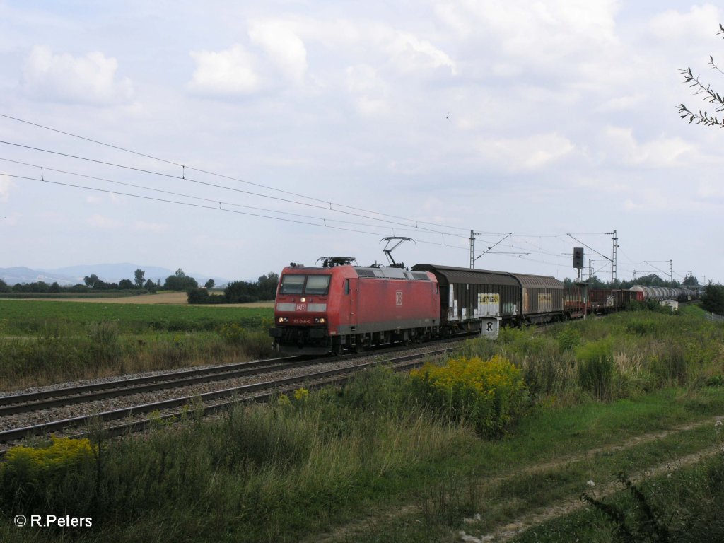 185 046-0 zieht bei Stephansposching ein gemischten G�terzug in Richtung Regensburg. 08.08.09
