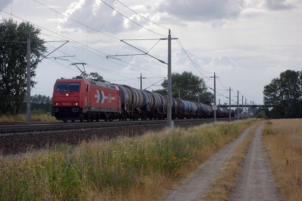 185 604-6 (HGK 2062) mit einem Kesselzug zwischen Gro�wudicke und Rathenow in Richtung Wustermark. 26.07.2010