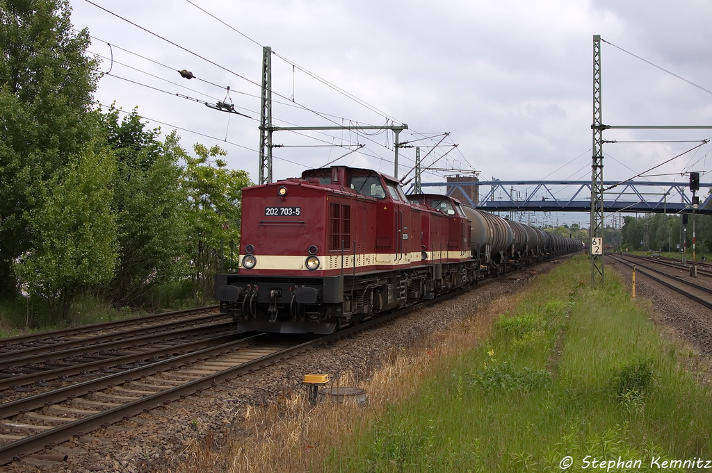 202 703-5 (203 230-8) & 202 484-2 (203 229-0) LEG - Leipziger Eisenbahnverkehrsgesellschaft mbH mit einem Kesselzug  Ethanol oder Ethanol-Lsung  in Brandenburg und fuhren in Richtung Magdeburg weiter. 04.06.2013