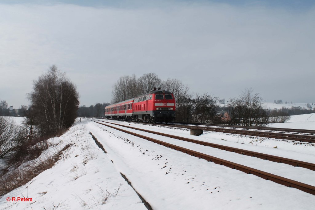 218 430-7 mit Wagen�berf�hrung M�hldorf - Chemnitz bei Sch�nfeld. 26.02.13