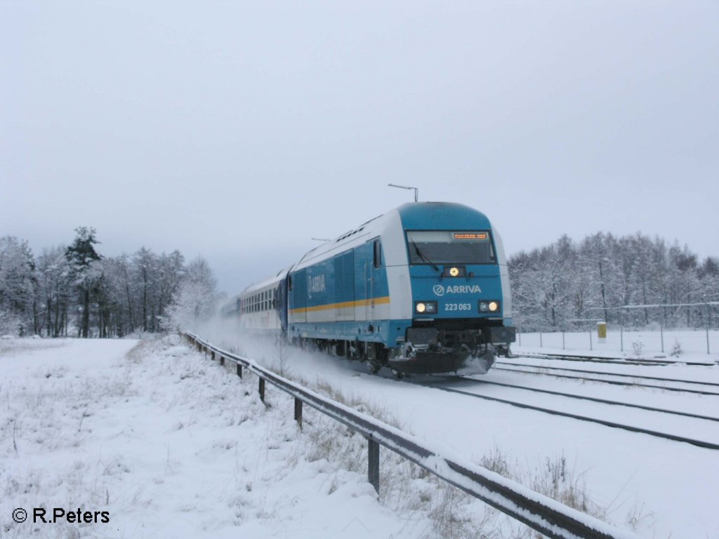 223 063 f�hrt mit den ALX37983 nach M�nchen in Wiesau/Oberpfalz ein. 12.12.08
