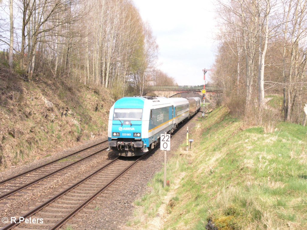 223 063 zieht wegen Bauarbeiten auf der Strecke den ALX37983 nach M�nchen bei Reuth bei Erbendorf auf dem falschen Gleis. 26.04.08
