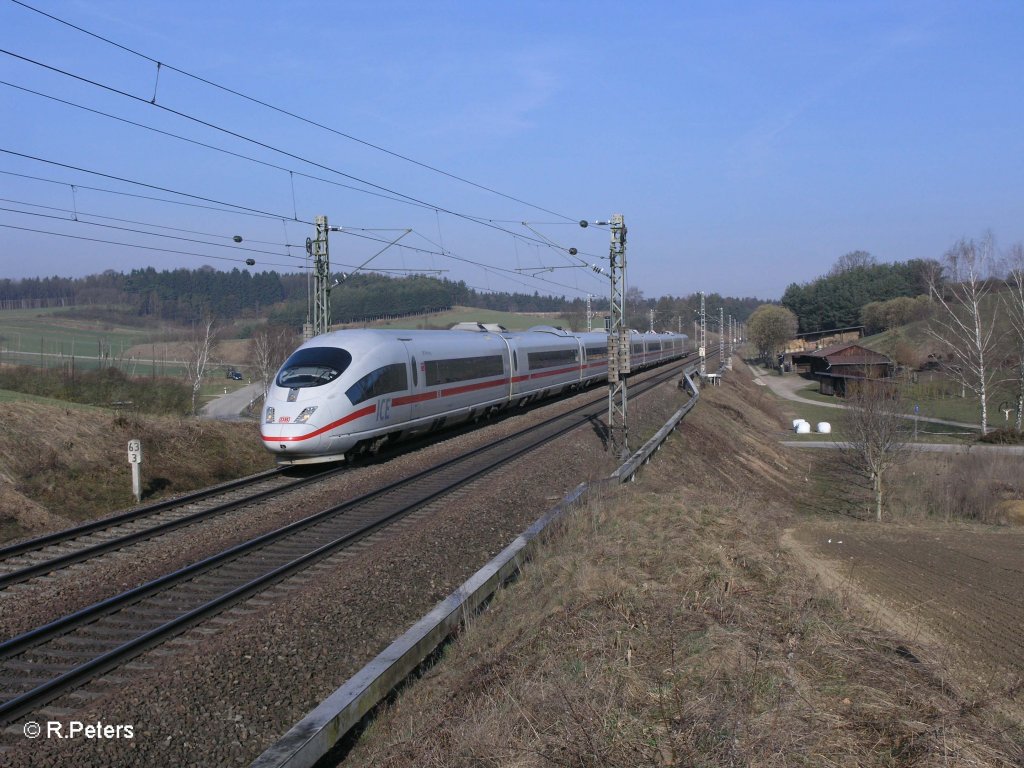 403 034-2  Offenbach  mit verssp�tetem ICE1501 Lichtenfels - M�nchen HBF bei Fahlenbach. 24.03.11