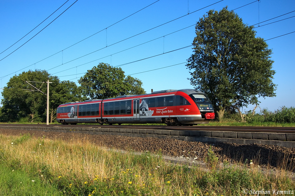 642 166/666  800 Jahre Sachen-Anhalt  als RB13 (RB 17968) von Rathenow nach Stendal, bei Rathenow und n�chster Halt ist dann Gro�wudicke. 24.07.2012