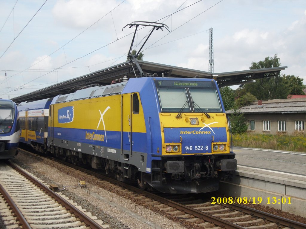 Am 19.August 2008 hielt 146 522 mit dem InterConnex,aus Leipzig,in G�strow,um dann weiter zufahren nach Warnem�nde.