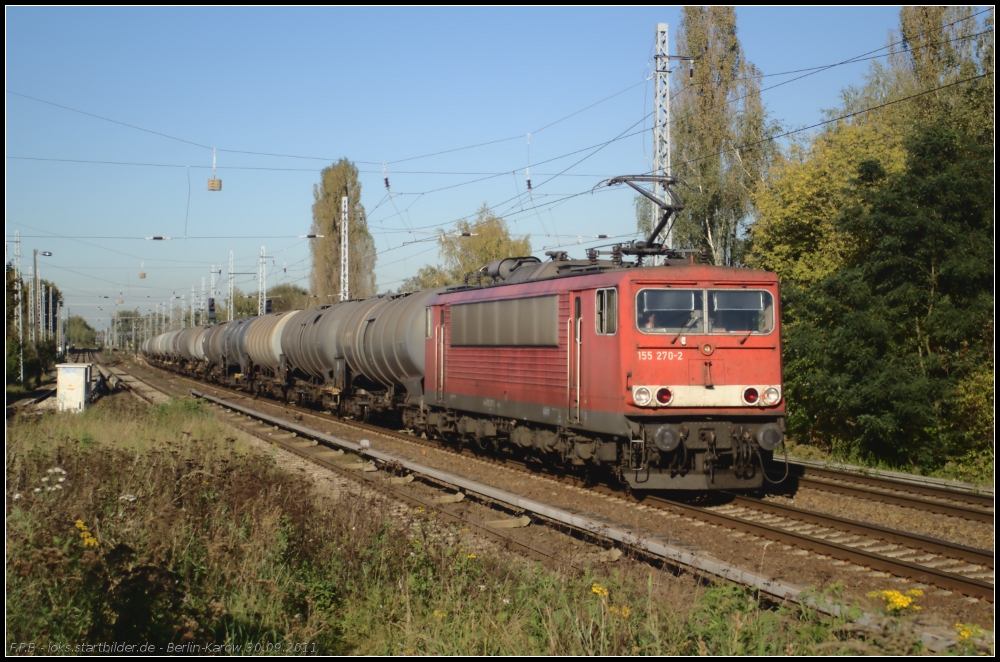 DB Schenker 155 270-2 mit einem Kesselzug (gesehen Berlin Karow 30.09.2011)
<br><br>
- Update: ++ 30.10.2014 Fa. Bender, Opladen