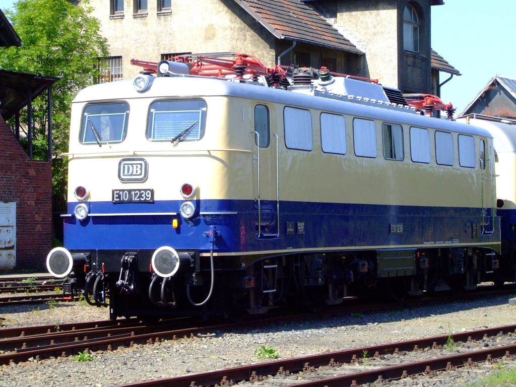 E10 1239 mit Rheingold am 14.08.2010 im Rheinisches Industriebahn-Museum (RIM) in Kln. Die Lok ist wieder in den Anlieferzustand von 1962 zurckversetzt. Die Lok ist eine von den fnf E10´s die 1962 modifizierte bzw. neuentwickelte Drehgestelle bekamen, die ihnen fr den Einsatz vor dem Rheingold eine Hchstgeschwindigkeit von 160 km/h ermglichten.