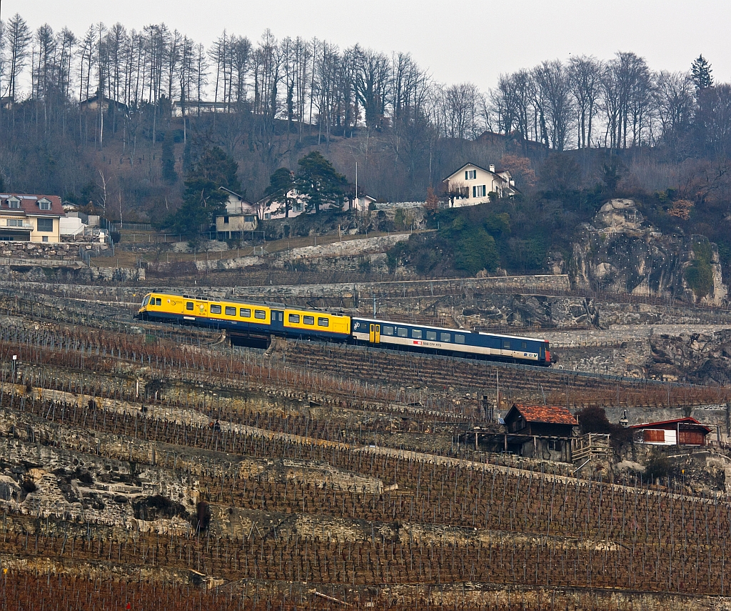 
Eine ungewöhnliche NPZ-Kompositionen: Der Train des Vignes (RBDe 560 131 mit dem Steuerwagen BDt EWII 50 85 82-33 931-5 ) fährt hier 25.02.2012 oberhalb von St. Saphorin durch die Weinberge am Lac Léman (Genfersee) Richtung Puidoux.