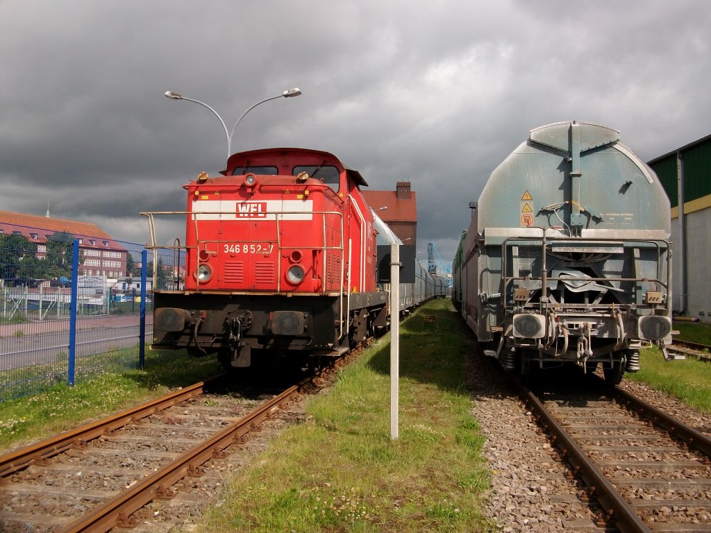 Im �bergabebereich zum Stralsunder Nordhafen stand WFL 346 852.