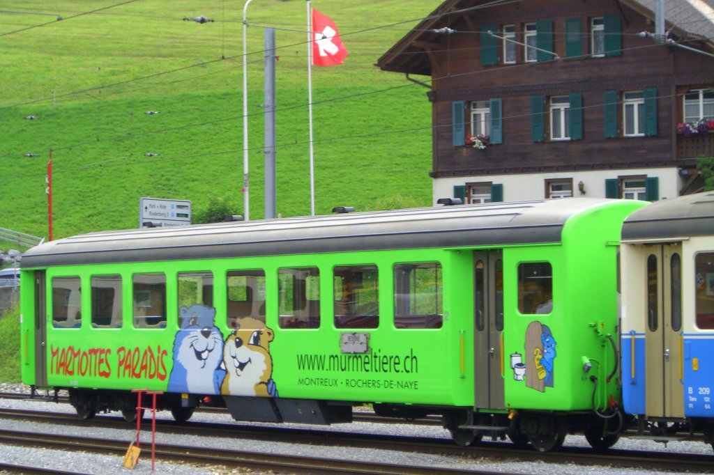Personenwagen der MOB in Zweisimmen mit Werbung auf der Seitenflche. (03.08.2007)