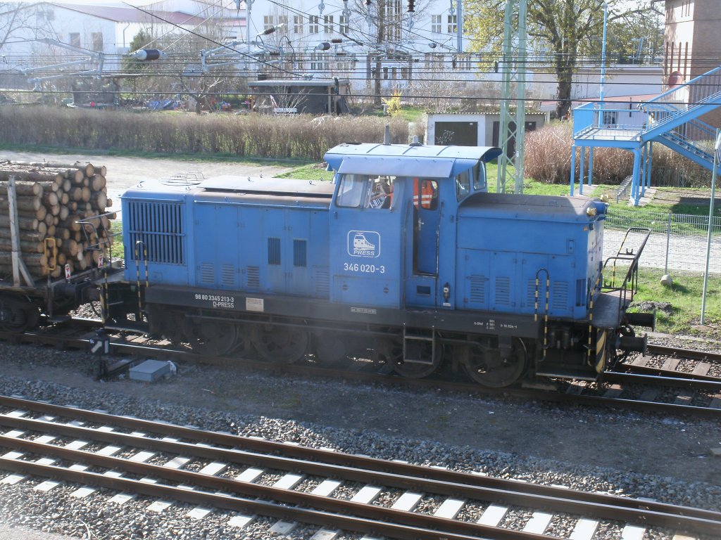 PRESS 346 020-3,am 25.April 2013,als Schlu�lok,an einem Holzzug,in Bergen/R�gen.