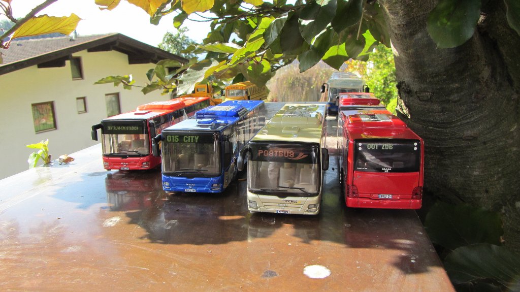 SIKU Modellbusse (alle MAN Lion´s City) v.l.n.r.: Generation 1  Skibus  der Zillertaler Verkehrsbetriebe, Generation 1  Rittersport  (kein Unternehmen), Generation 2  Postbus  und Gelenksbus (Generation 2) fr sterreich/Deutschland.(14.10.2012)