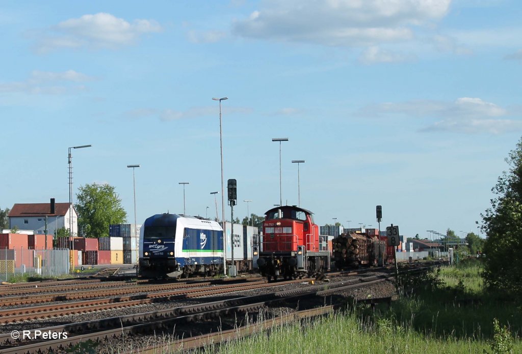Treffen von 2 verschiedenen Holztransportz�gen.... 223 152 mit Container im ATW und 294 753-9 beim Umsetzen von �bergabezug 56960 Marktredwitz - ATW Wiesau. 05.06.13