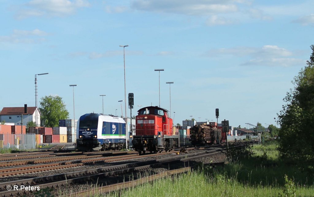 Treffen von 2 verschiedenen Holztransportz�gen.... 223 152 mit Container im ATW und 294 753-9 beim Umsetzen von �bergabezug 56960 Marktredwitz - ATW Wiesau. 05.06.13