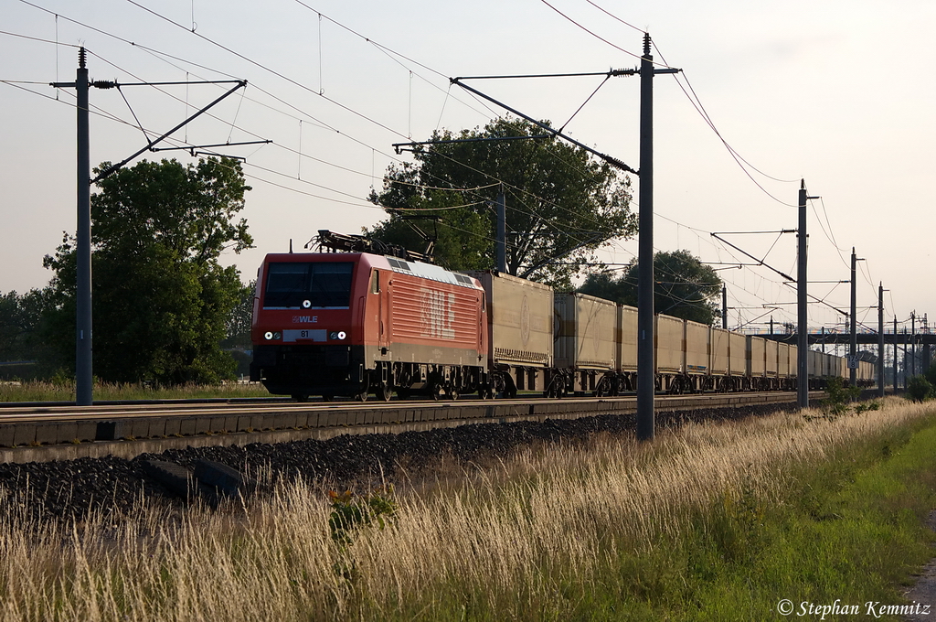 WLE 81 (189 801-4) WLE - Westflische Landes-Eisenbahn GmbH mit dem Warsteiner Bierzug nach Grobeeren bei Rathenow. Netten Gr an den Lokfhrer! 04.07.2012