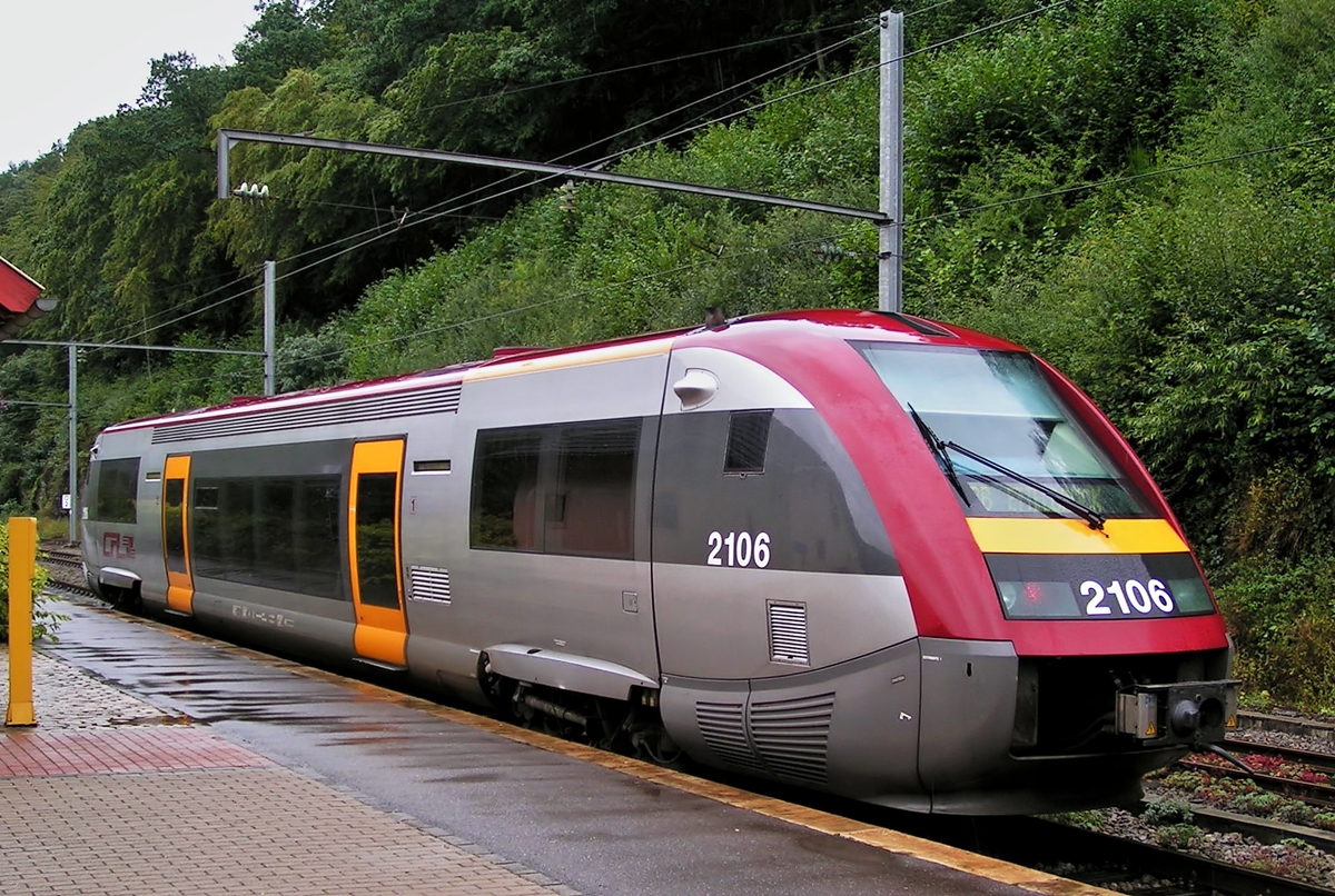 . Baleine bleue in Kautenbach - Am regnerischen 28.08.2004 stand der Triebwagen 2106 zur Abfahrt nach Wiltz am Bahnsteig bereit. (Hans)

In den Jahren 2002 bis 2005 besa die CFL 6 Triebwagen der Srie 2100. Es handelt sich hierbei um dieselelektrische Triebwagen (Autorails) vom Typ Coradia A TER,  welche baugleich sind mit den X 73500 der SNCF und der Baureihe 641 der DB.

Von den luxemburgischen Eisenbahnern wurden sie liebvoll  Blowal , aber auch  Dildo  genannt.

Die technischen Daten der Srie 2100:

Nummerierung: 2101-2106 
Stckzahl: 6 
Hersteller: Alstom aus Reichshoffen 
Baujahre: 2000 - 2001 
Ausmusterung: 2005 verkauft
Achsformel: (1A)'(A1)' 
Dienstmasse: 50 Tonnen 
Lnge ber Puffer: 28.900 mm 
Sitzpltze: Erste Klasse: 16
            Zweite Klasse: 45 
Hchstgeschwindigkeit: 120 km/h 
Leistung: 2 x 257 kW
