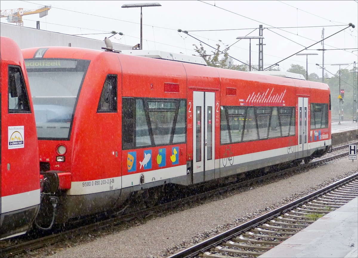 . In strömendem Regen fahren die Triebzüge der Br 650 von Friedrichshafen her kommend, in ihrem Endbahnhof in Radolfzell ein, abgebildet ist die Nr 95 80 0650 203-2.  19.06.2016