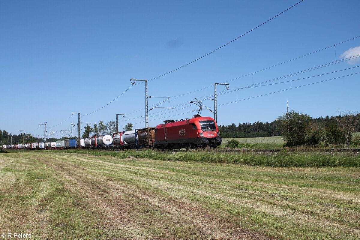 1016 005 zieht mit einem KLV-Zug bei Oberdachstetten in Richtung Süden. 08.06.24