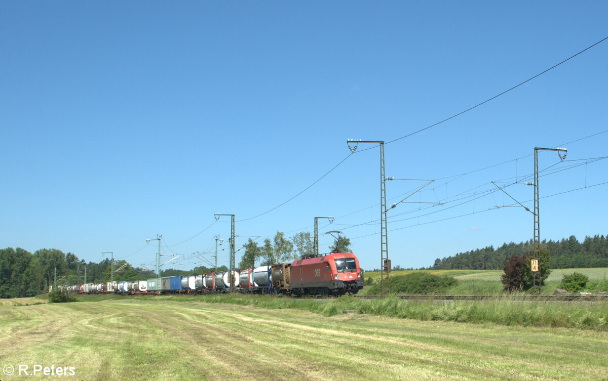1016 005 zieht mit einem KLV-Zug bei Oberdachstetten in Richtung Süden. 08.06.24