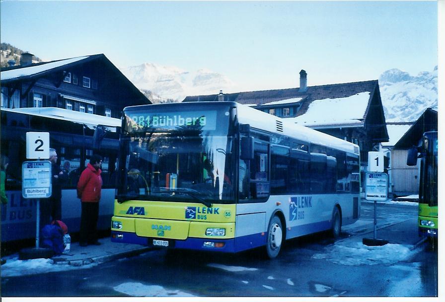 (103'708) - AFA Adelboden - Nr. 55/BE 611'055 - MAN/Gppel am 21. Januar 2008 beim Bahnhof Lenk