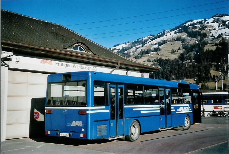 (104'706) - AFA Adelboden - Nr. 34/BE 263'015 - Mercedes (ex Nr. 17; ex Frhlich, Zrich Nr. 603; ex VBZ Zrich Nr. 682) am 24. Februar 2008 beim Bahnhof Frutigen