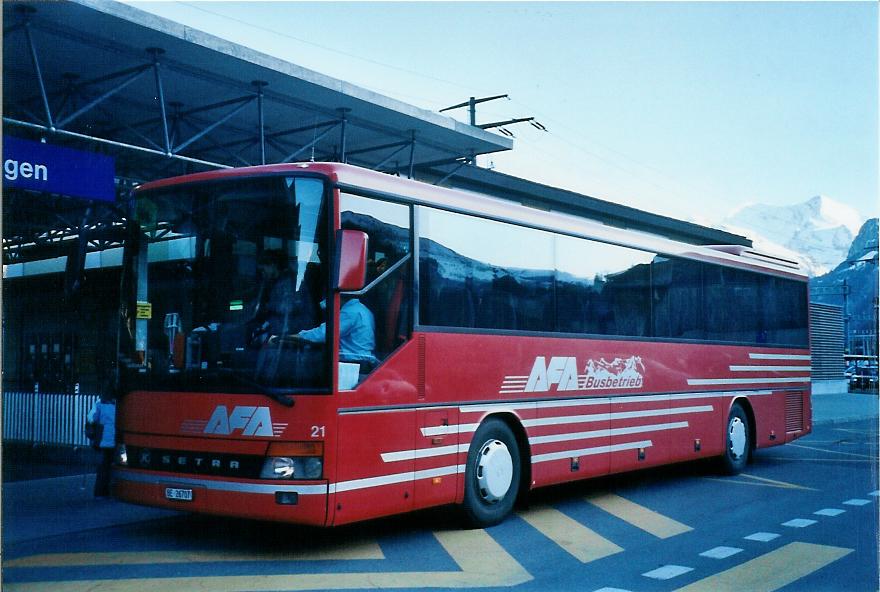 (104'710) - AFA Adelboden - Nr. 21/BE 26'707 - Setra (ex Nr. 7) am 24. Februar 2008 beim Bahnhof Frutigen