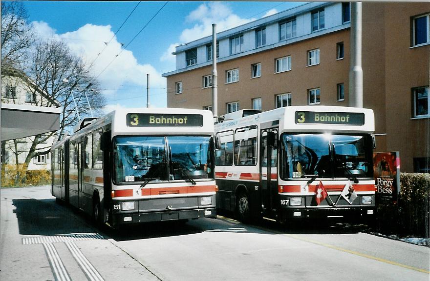 (106'014) - VBSG St. Gallen - Nr. 151 + 167 - NAW/Hess Gelenktrolleybusse am 29. Mrz 2008 in St. Gallen, Heiligkreuz