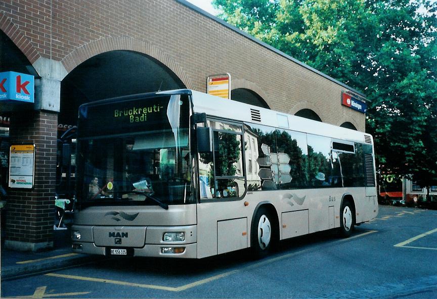 (109'734) - Lengacher, Mnsingen - Nr. 7/BE 556'335 - MAN/Gppel (ex AFA Adelboden Nr. 55; ex Matt, FL-Mauren Nr. 66) am 27. Juli 2008 beim Bahnhof Mnsingen