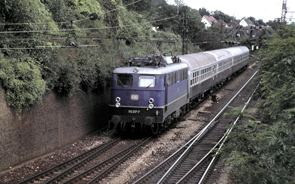 110 217-7 mit Silberlingen Nahverkehrszug in Ulm am 14.02.1987.
