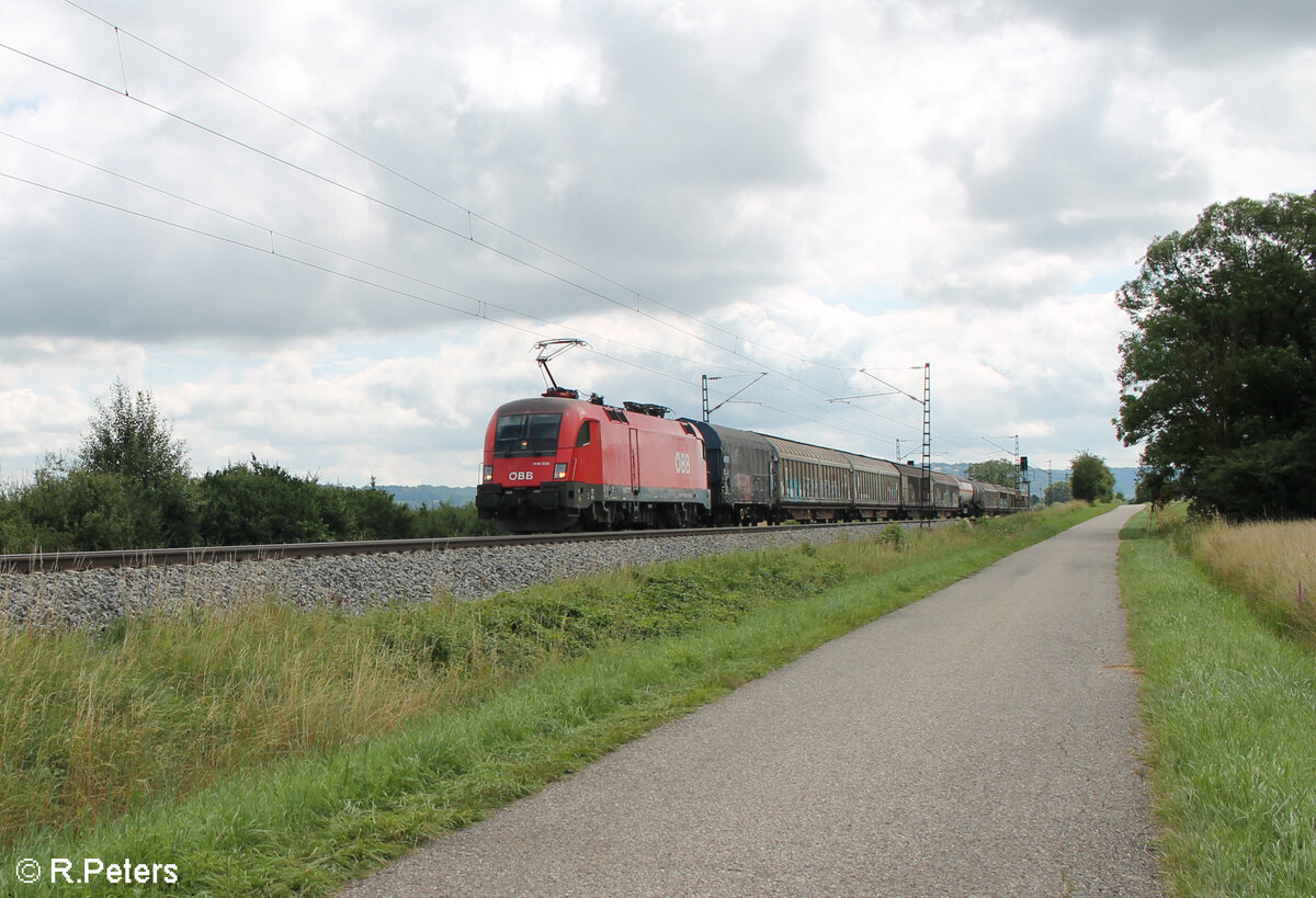 1116 039 zieht ein gemischten Güterzug bei Pölling in Richtung Nürnberg. 13.07.24