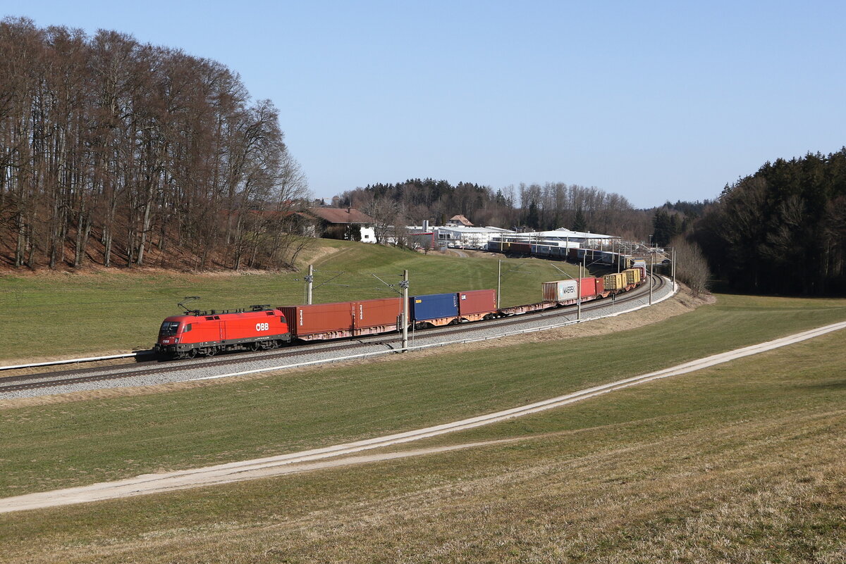 1116 103 mit einem Containerzug aus Salzburg kommend am 7. Mrz 2025 bei Axdorf im Chiemgau.