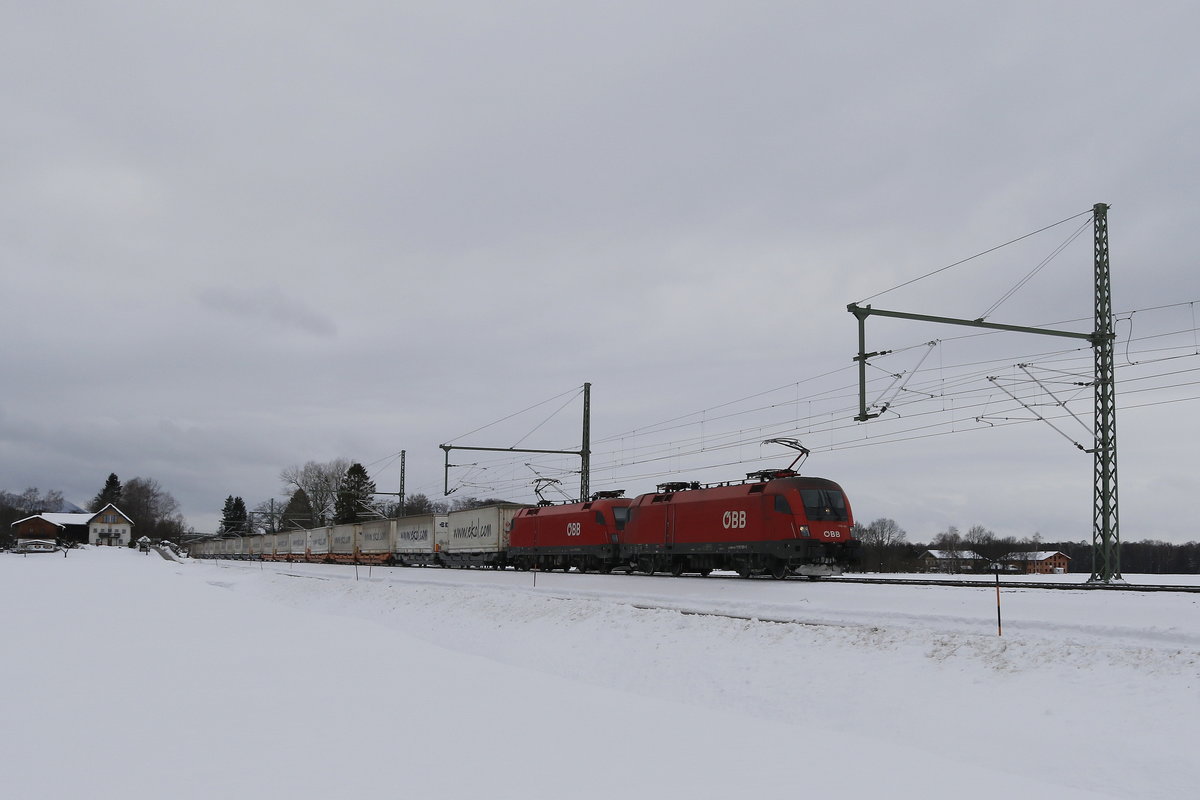 1116 109 und 1116 129 waren am 12. Januar 2019 mit dem  Ekol-Zug  bei bersee am Chiemsee in Richtung Salzburg unterwegs.
