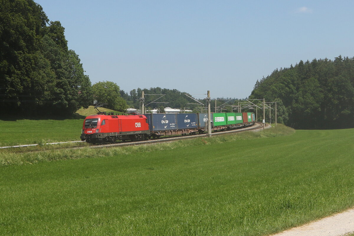 1116 150 war am 13. Juni 2025 mit einem Containerzug bei Axdorf in Richtung Rosenheim unterwegs.