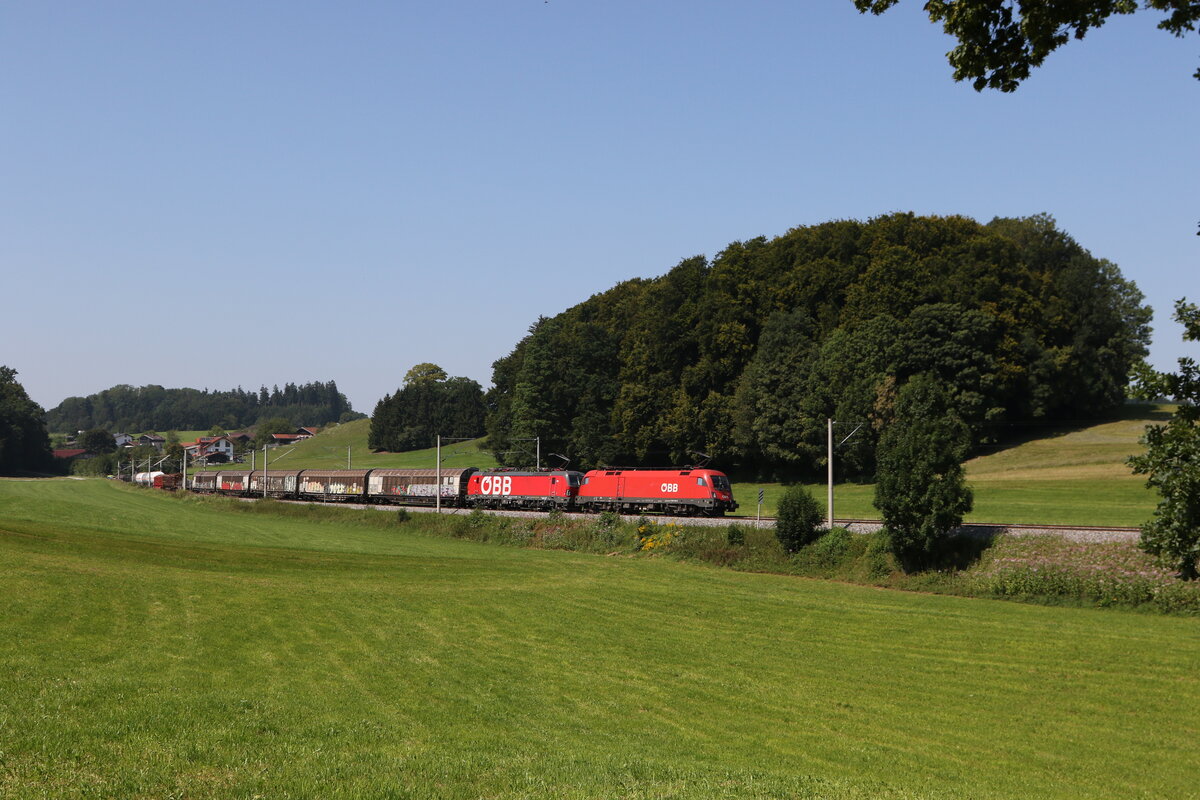 1116 151 und 1293 097 mit einem gemischten Gterzug aus Mnchen kommend am 12. August 2025 bei Axdorf im Chiemgau.